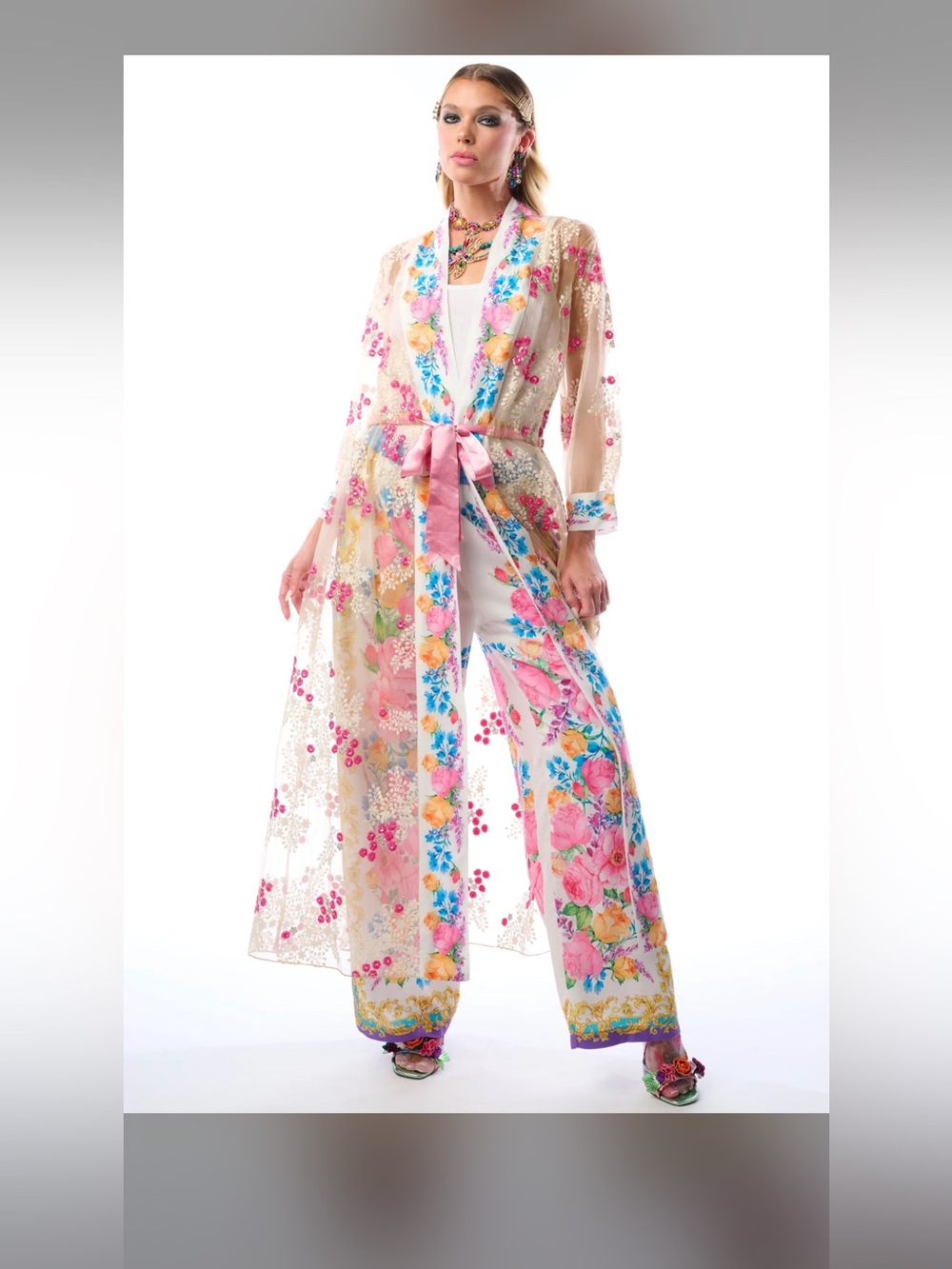 NWT Aratta Blossom Duster S Floral Embroidered Sequin Mesh Kimono